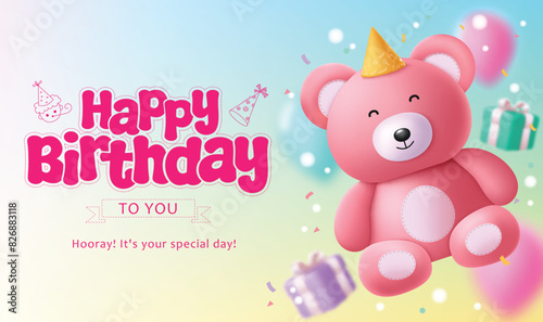 Happy birthday greeting vector design. Birthday greeting text with pink cute teddy bear and gift box for kids imitation card background. Vector illustration birthday greeting design. 
