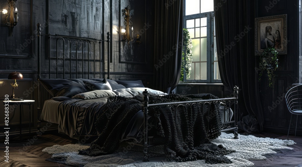 A cozy bedroom with a black color scheme showcasing a black wrought iron bed frame, black drapes, and a fluffy black throw blanket A cozy bedroom with a black color scheme showcasing a black wrought iron bed frame, black drapes, and a fluffy black throw blanket