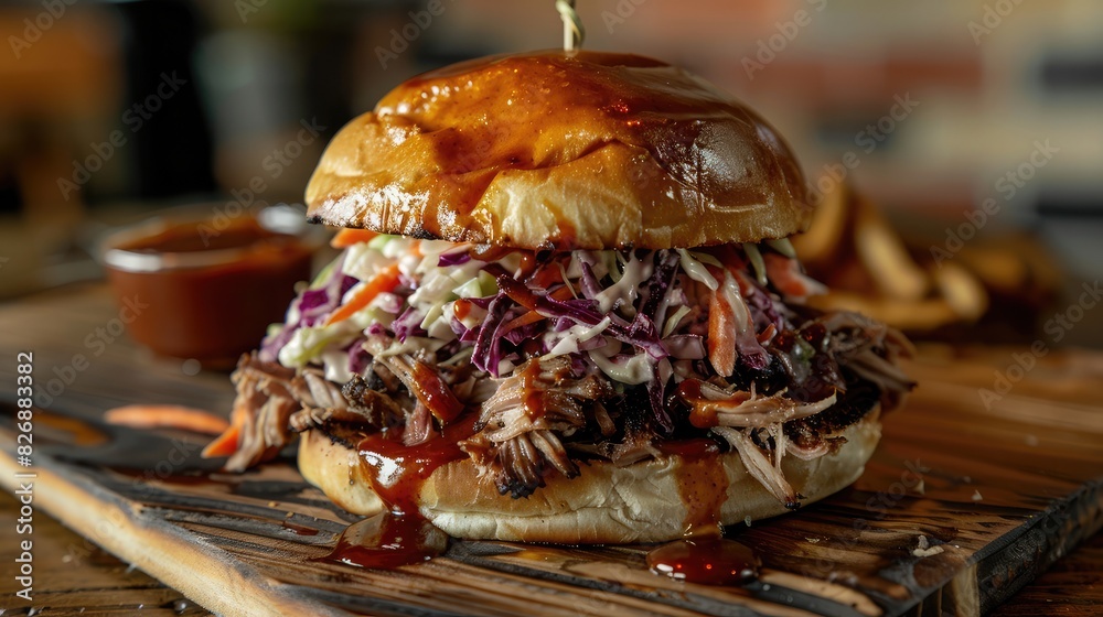 Slow-cooked pulled pork piled high on a bun, topped with tangy coleslaw and BBQ sauce Slow-cooked pulled pork piled high on a bun, topped with tangy coleslaw and BBQ sauce