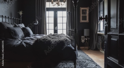 A cozy bedroom with a black color scheme showcasing a black wrought iron bed frame, black drapes, and a fluffy black throw blanket photo