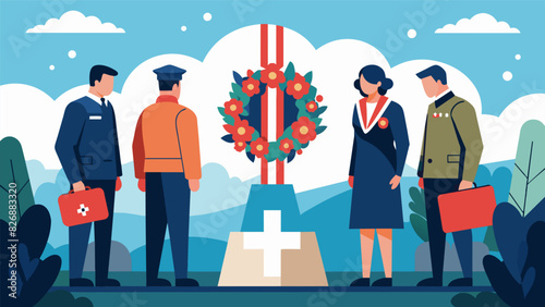 A memorial service remembering and honoring those veterans who have passed away with a moment of silence and wreath laying.. Vector illustration