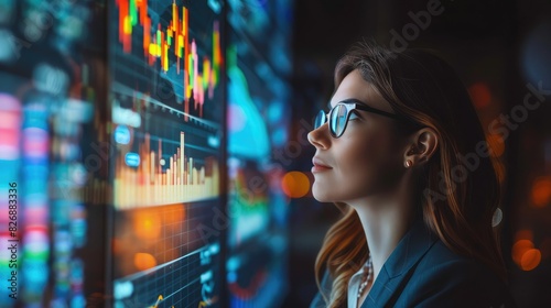 Side view of a confident businesswoman with overlapping financial graphs projected in the background, illustrating market analysis