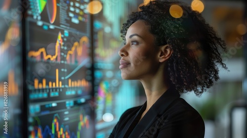 Side view of a confident businesswoman with overlapping financial graphs projected in the background, illustrating market analysis © buraratn