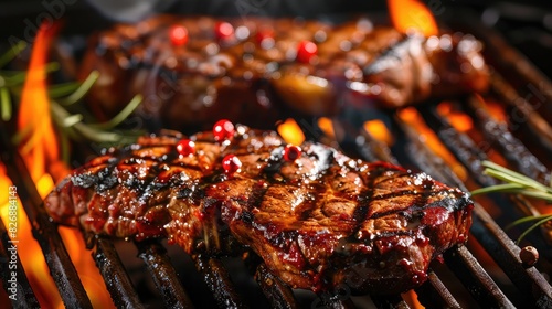 Succulent grilled steak sizzling on a hot grill, showcasing the savory delights of meat