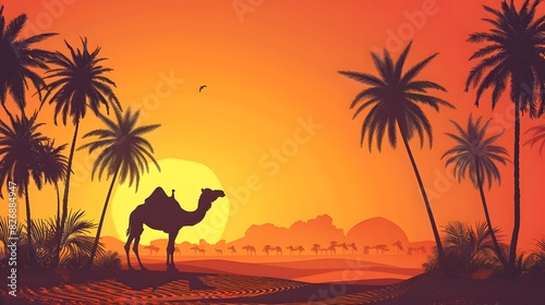 arabesque web horizontal banner, camel and palm tree silhouette, beautiful sunlight, sunset, sunrise, islamic background template illustration vector  © Ziyan