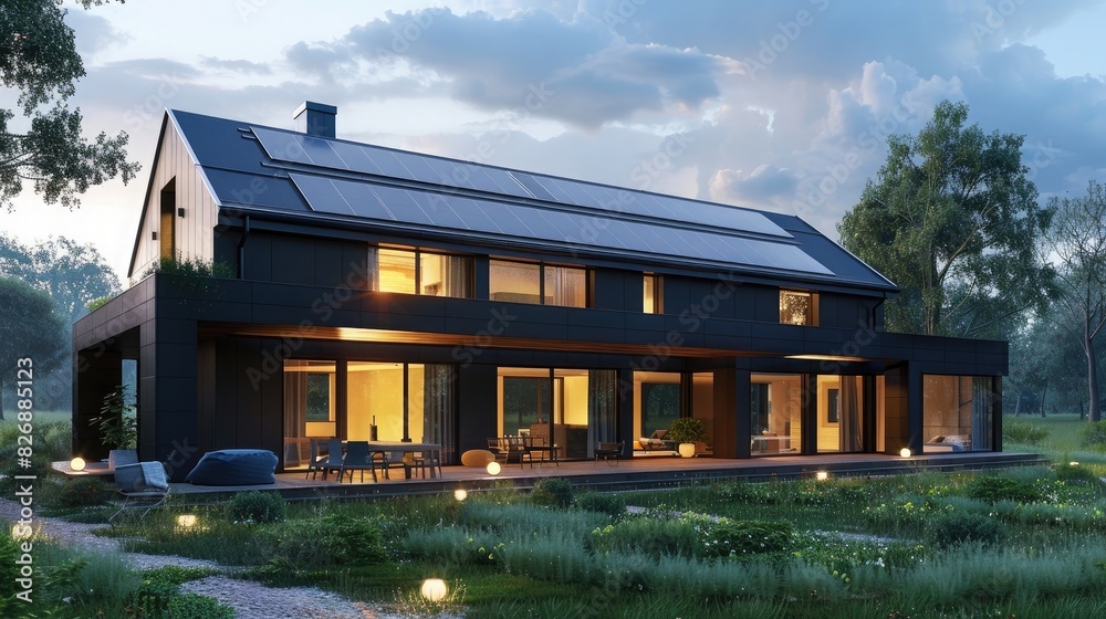 modern black house with solar panels on the roof, wooden terrace and panoramic windows overlooking green field at dusk, exterior view