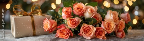 A beautifully arranged bouquet of roses next to a gift  capturing the essence of thoughtful gifting