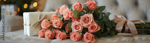 A beautifully arranged bouquet of roses next to a gift, capturing the essence of thoughtful gifting