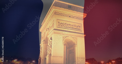 Billede på lærred Image of flag of france over triumphal arch