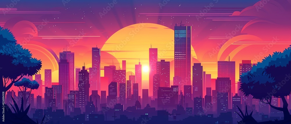 Citypop style flat design front view sunset theme animation Analogous Color Scheme
