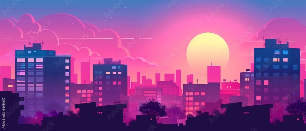 Fototapeta premium Citypop style flat design front view sunset theme animation Analogous Color Scheme