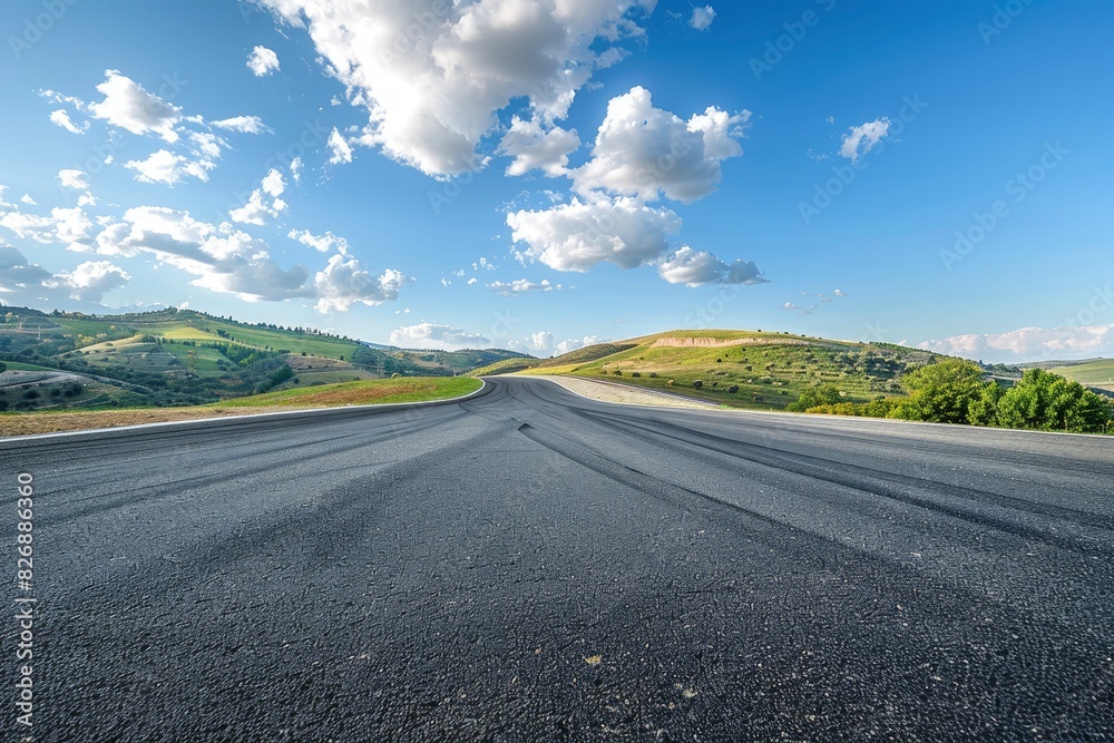 Asphalt road circuit and hill under the blue sky - generative ai Asphalt road circuit and hill under the blue sky - generative ai