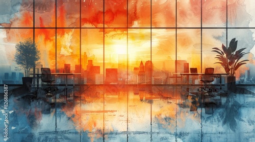 Wallpaper Mural Watercolor painting of a modern office with large windows overlooking a city skyline at sunset, featuring desks and plants. Torontodigital.ca
