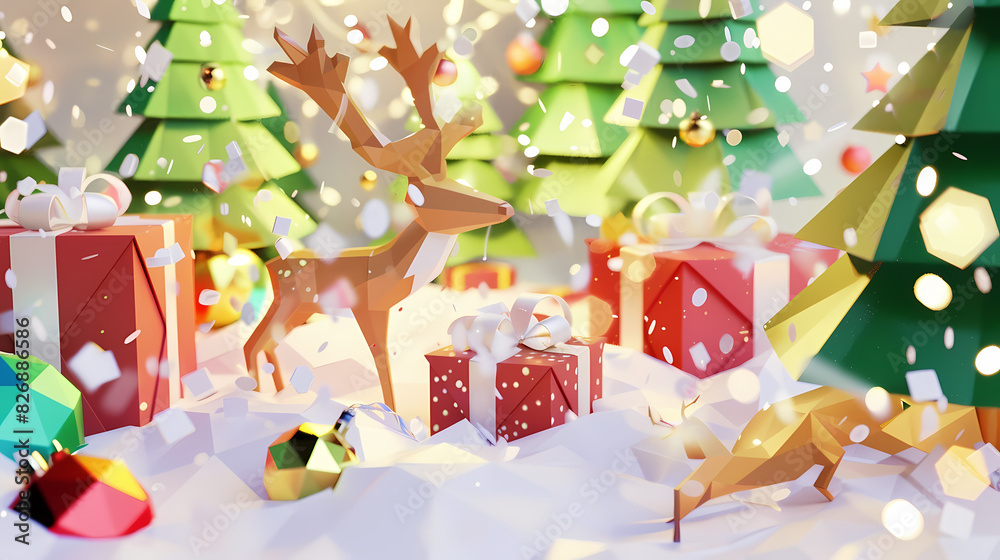 Low poly 3D image of happy new year, christmas winter festive composition. colorful christmas background with realistic 3D decorative design objects. Low poly 3D image of happy new year, christmas winter festive composition. colorful christmas background with realistic 3D decorative design objects.