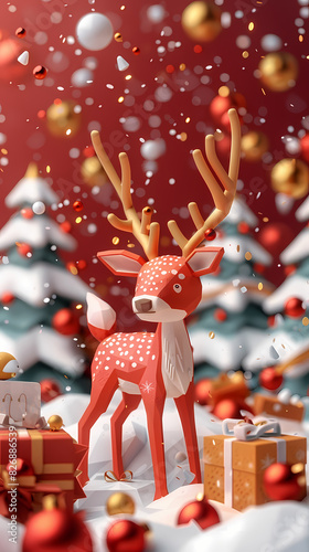 Low poly 3D image of happy new year, christmas winter festive composition. colorful christmas background with realistic 3D decorative design objects.