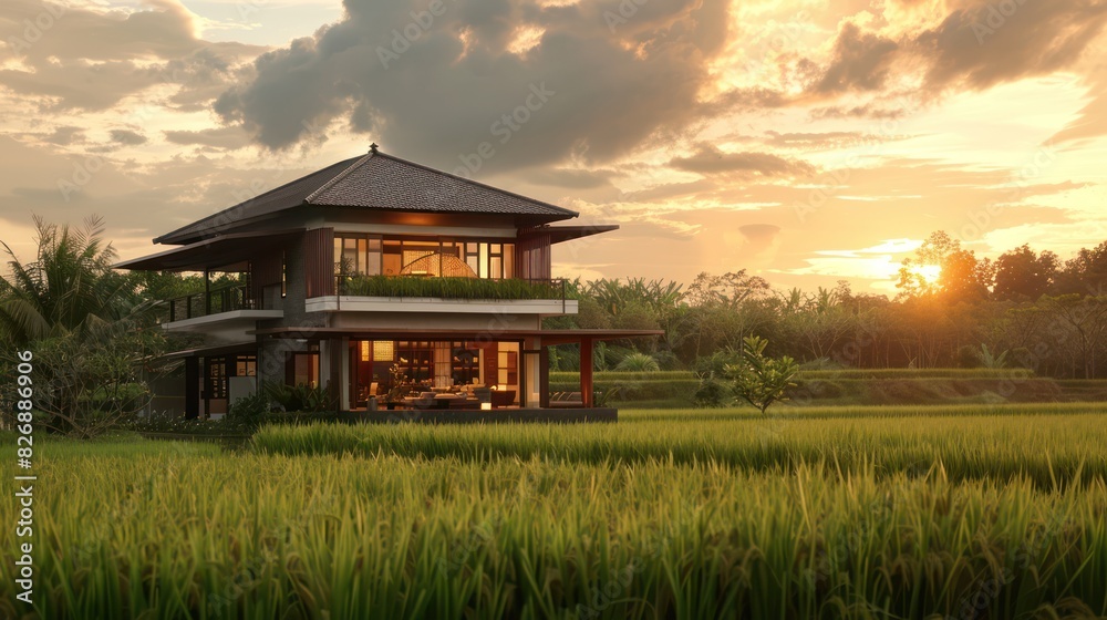 Fototapeta premium View of a modern two-story tropical house in the middle of a village cool rural green rice field in the morning.