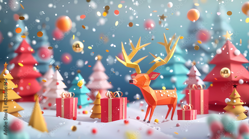 Low poly 3D image of happy new year, christmas winter festive composition. colorful christmas background with realistic 3D decorative design objects.