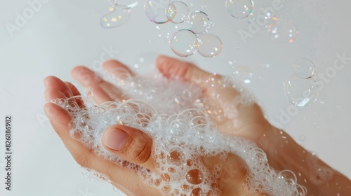 Female holding soap bubbles on white background. Hands with white bubbles. Texture of white soap foam on female hand.