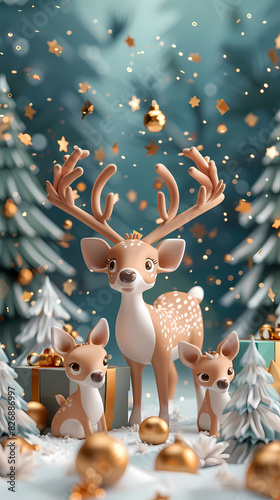 Low poly 3D image of happy new year, christmas winter festive composition. colorful christmas background with realistic 3D decorative design objects.