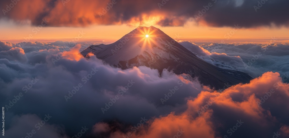A majestic mountain peak emerging through a blanket of thick clouds, with the sun setting behind it, casting a warm, orange glow 32k, full ultra hd, high resolution
