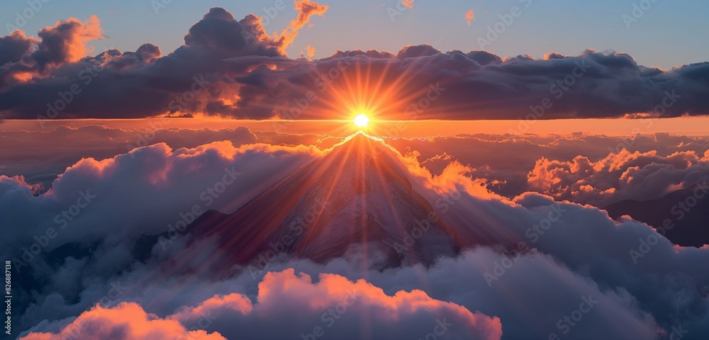 A majestic mountain peak emerging through a blanket of thick clouds, with the sun setting behind it, casting a warm, orange glow 32k, full ultra hd, high resolution