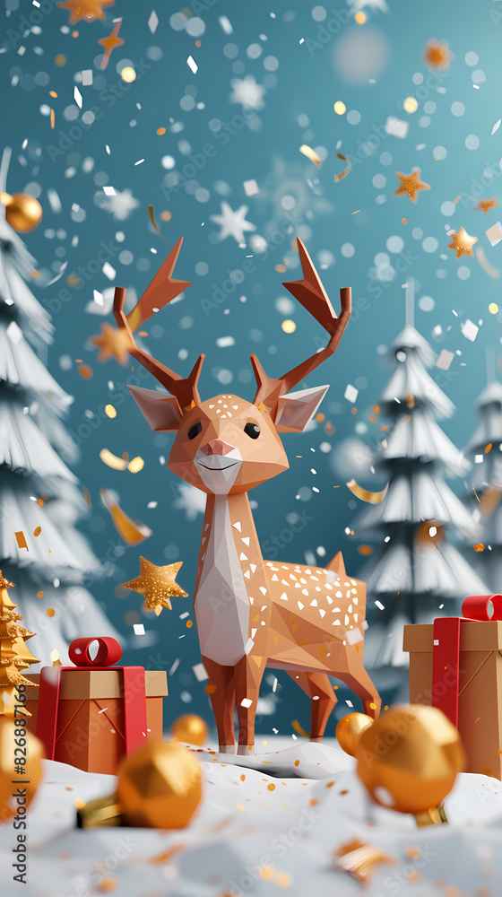 Low poly 3D image of happy new year, christmas winter festive composition. colorful christmas background with realistic 3D decorative design objects. Low poly 3D image of happy new year, christmas winter festive composition. colorful christmas background with realistic 3D decorative design objects.