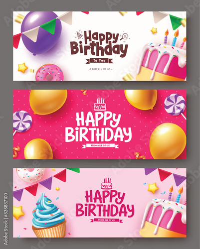 Happy birthday greeting vector banner set design. Birthday greeting text with party decoration elements for invitation card background collection. Vector illustration birthday card banner. 
