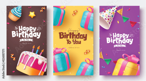 Happy birthday vector poster set design. Birthday greeting text with cake, gift box, party hat and pennants decoration elements for card collection. Vector illustration birthday invitation design. 
