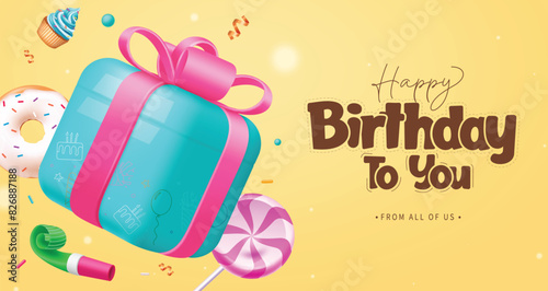 Happy birthday greeting vector background design. Birthday greeting text with blue gift box, lollipop, donut, cup cake and whistle elements decoration for elegant invitation card background. Vector 