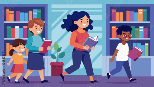 A hush fell over the room as the children followed along turning the pages of their own books in sync with the librarian.. Vector illustration