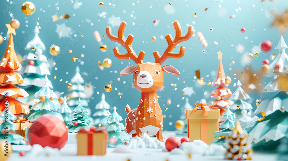 Fototapeta premium Low poly 3D image of happy new year, christmas winter festive composition. colorful christmas background vector illustration
