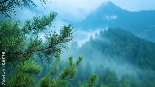 Misty mountain landscape with pine trees in the foreground, evoking a serene and tranquil atmosphere, perfect for nature and landscape themes.