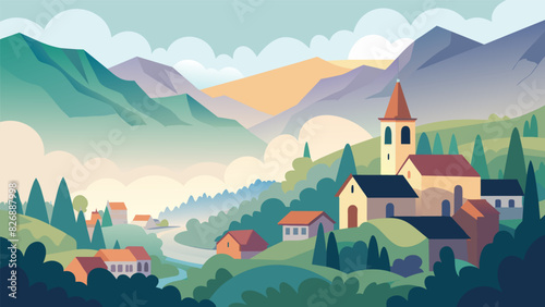 A small town nestled in the valley with the church steeple emerging from the morning mist.. Vector illustration photo