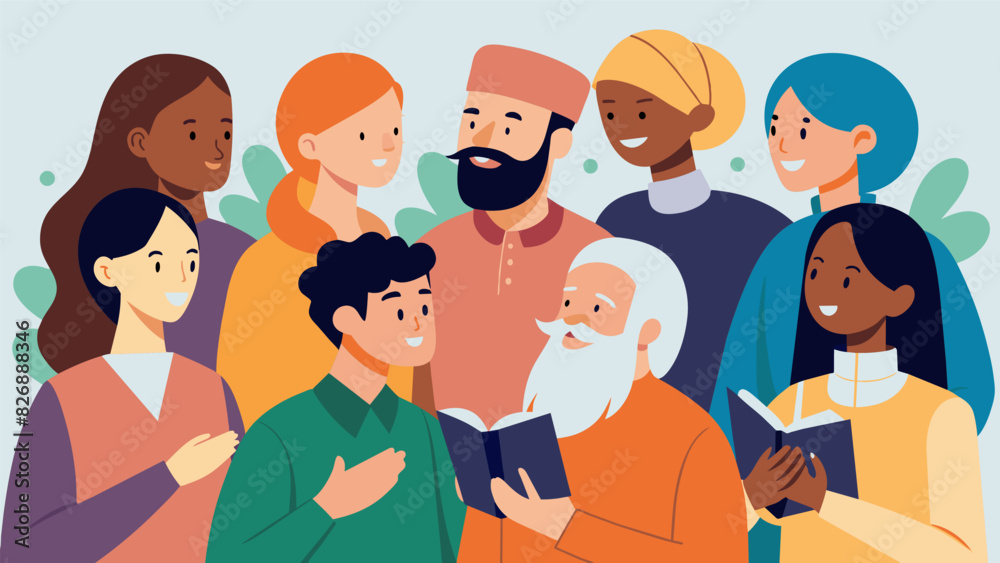 The atmosphere is one of curiosity and genuine interest as individuals from various faith backgrounds actively listen and share their thoughts and. Vector illustration The atmosphere is one of curiosity and genuine interest as individuals from various faith backgrounds actively listen and share their thoughts and. Vector illustration