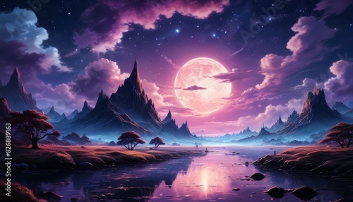 A beautiful, serene landscape with a large pink moon in the sky
