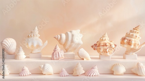 Collection of various seashells arranged on white stands against a soft pastel background, showcasing their intricate textures and patterns in a serene, natural setting. photo