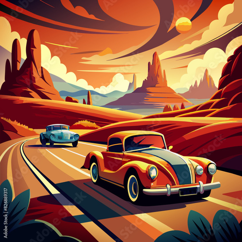 car in the desert, Vintage car rallies on desert roads at sunset in warm tones