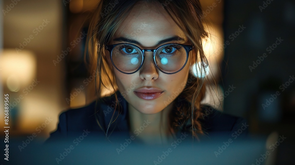 Businesswoman with spectacles, sporting a stylish black jacket, fiercely focused on her laptop screen while she prepares and strategizes. Businesswoman with spectacles, sporting a stylish black jacket, fiercely focused on her laptop screen while she prepares and strategizes.