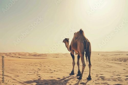 Desert camel standing in the sun with sand dunes in the background adventure and travel concept photo