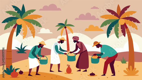 Nestled between tall palm trees a community of farmers worked in harmony to extract oil from argan seeds using traditional ods that have been passed. Vector illustration