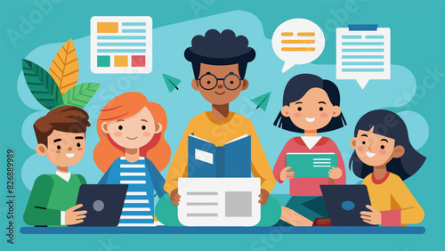 A group of young journalists collaborating on a digital newspaper showcasing stories from different classrooms and grade levels.. Vector illustration