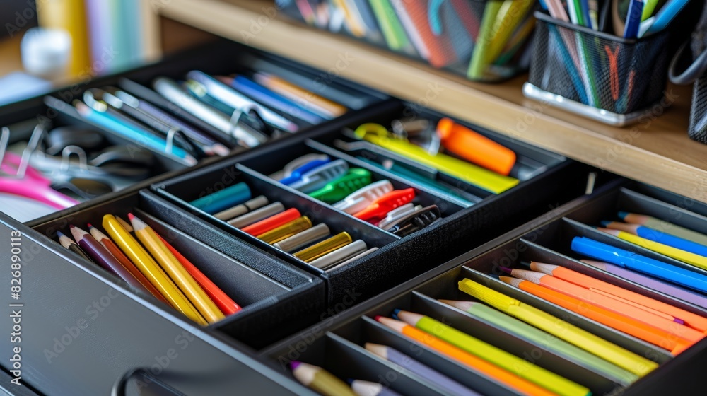 A set of office supplies neatly organized in a drawer.