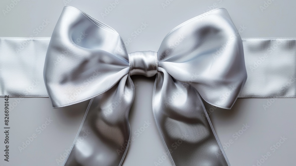 Top view of a delicate silver satin ribbon bow, perfectly tied, isolated background, studio lighting Top view of a delicate silver satin ribbon bow, perfectly tied, isolated background, studio lighting