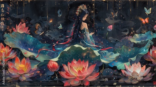 Dreamlike Vision of a Goddess Among Lotus Blossoms 