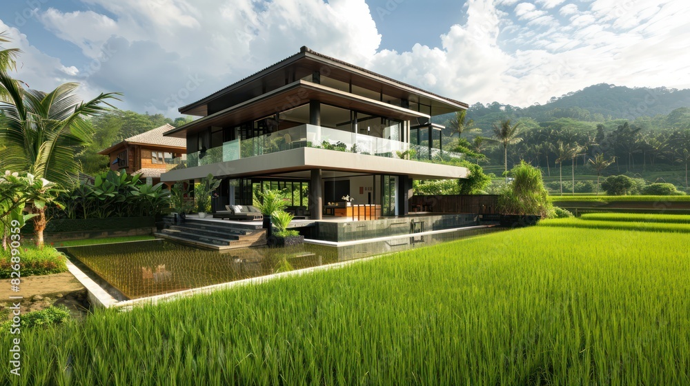 Obraz premium View of a modern two-story tropical house in the middle of a village cool rural green rice field in the morning.