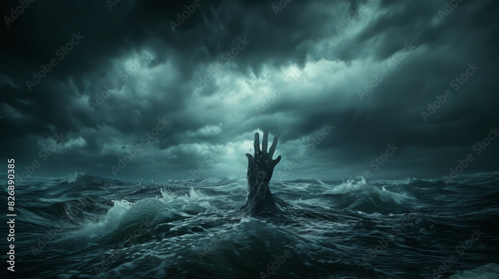 Obraz premium Raised hand barely visible above stormy waters, symbolizing a cry for help in the concept of drowning