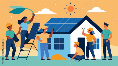 A group of volunteers working together to install solar panels on the homes of elderly or lowincome community members ensuring that everyone has. Vector illustration