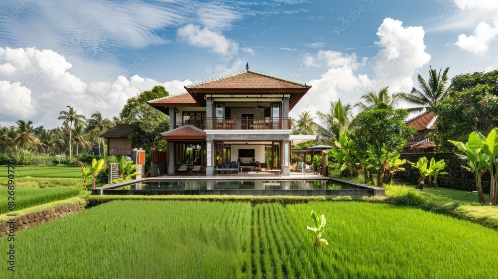 View of a modern two-story tropical house in the middle of a village cool rural green rice field in the morning.