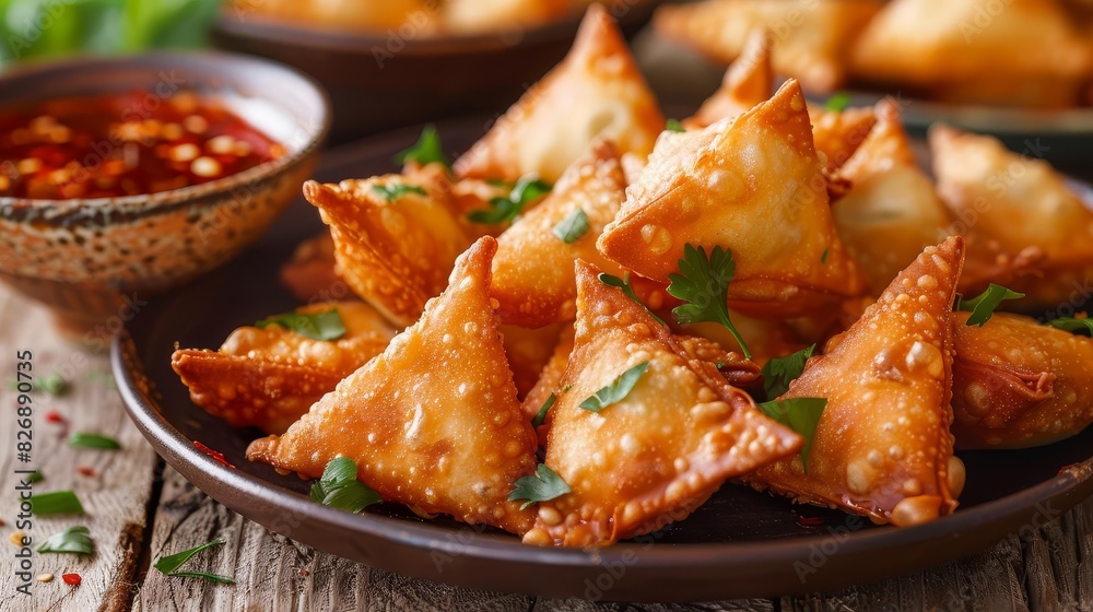 Plate of Crab Rangoon with dipping sauce Plate of Crab Rangoon with dipping sauce