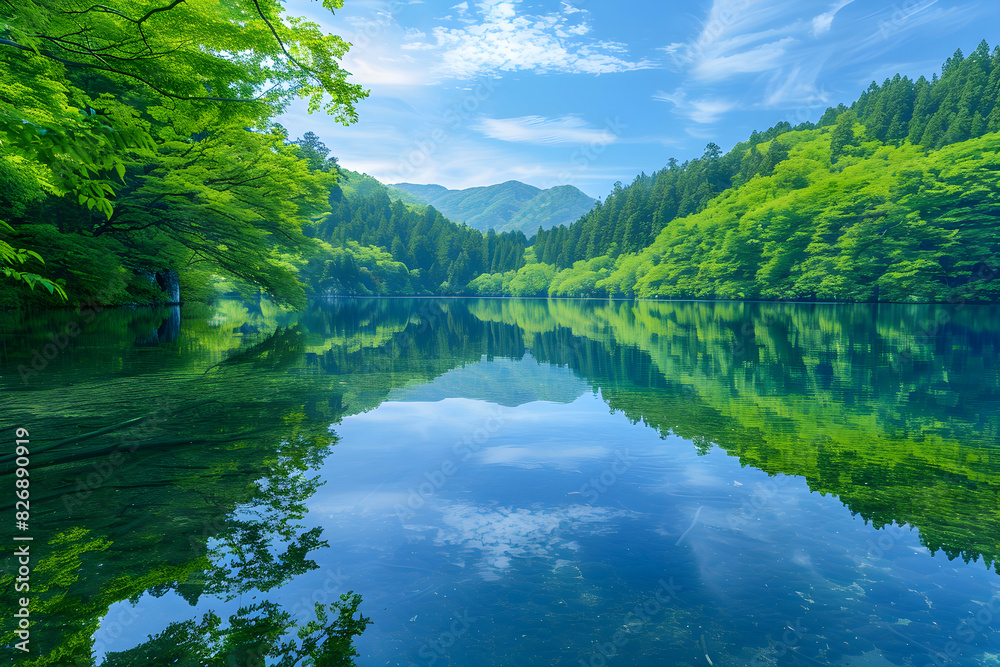 Serene Lake Landscape with Reflective Waters and Lush Greenery for a Calming Calendar Image